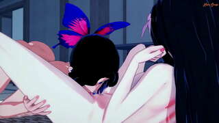 Shinobu fickt Nezuko doggystyle, bis Si Orgasmen.