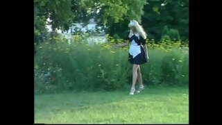 Lewd gardener proposes a blonde maid little fucking on the green grass